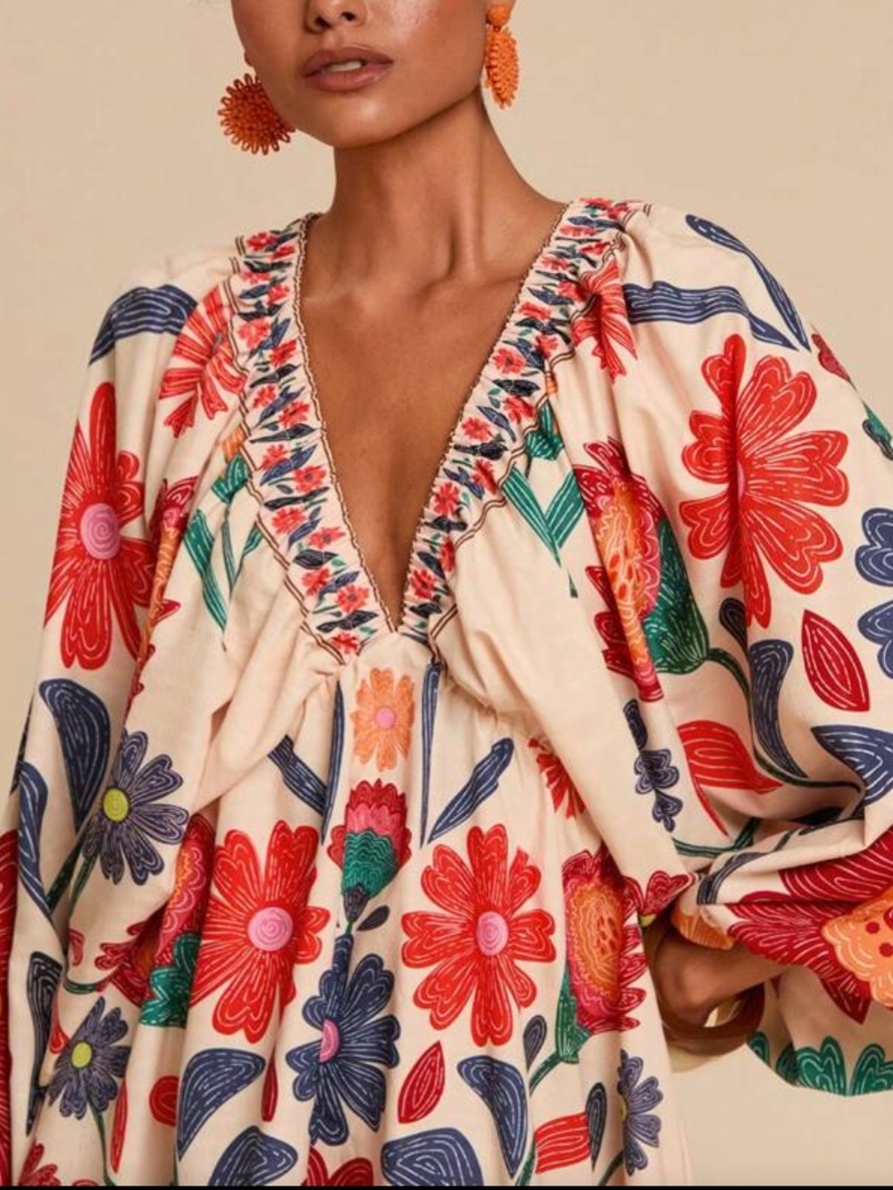 Boho Floral V-Neck Peasant Dress Cream and Red